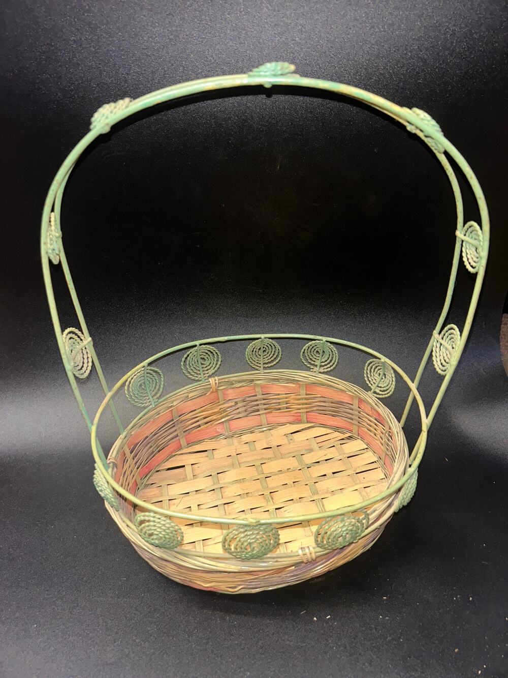 Vintage Tan Woven Wicker Basket w/ Green Metal Decorative Handle